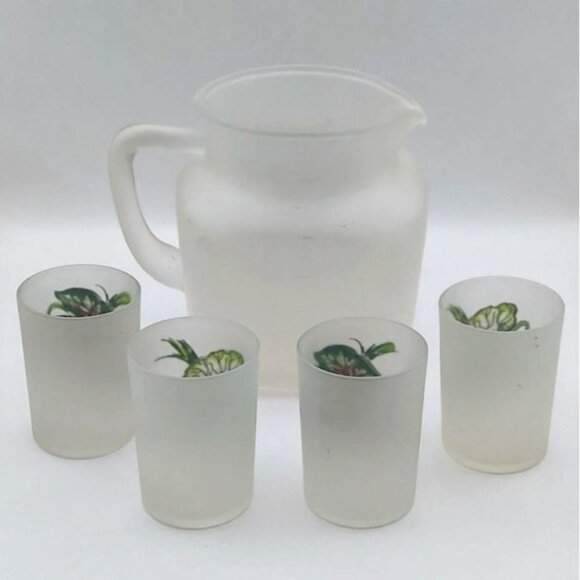 Vintage Mid-Century Caladium Frosted Glass Juice Pitcher & Four Cups 5-Piece Set - Picture 3 of 13